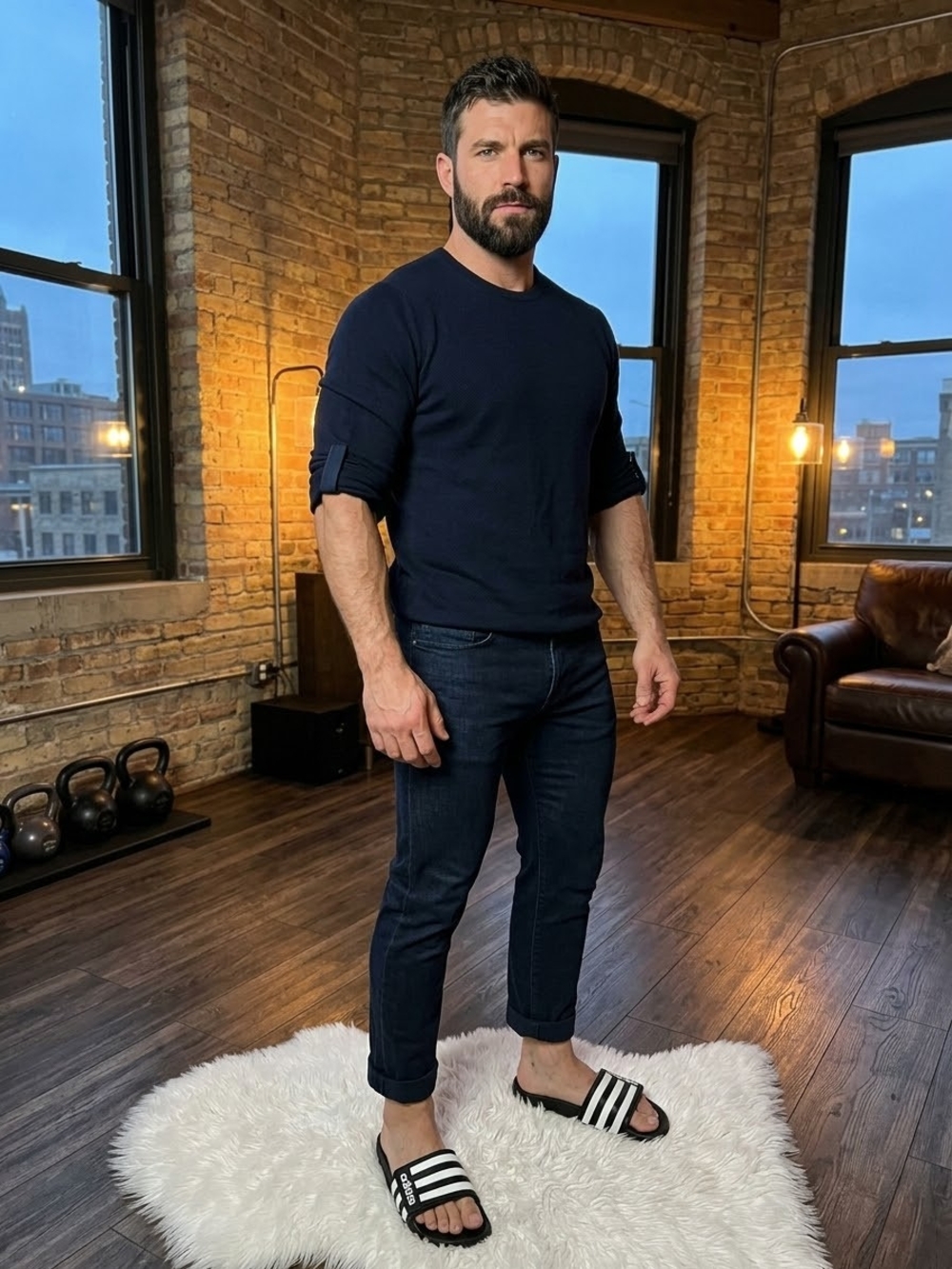 adidas Black and White Slide Sandals with Three Stripes
